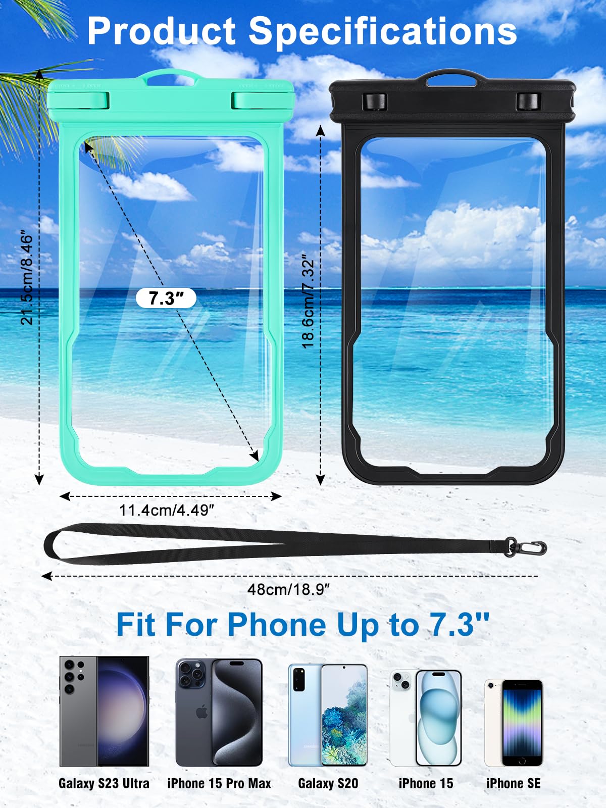 2 Pcs Waterproof Phone Pouch, Universal Waterproof Phone Case for iPhone Samsung Google Up to 7.3'', IPX8 Water Proof Cellphone Dry Bag for Snorkeling Swimming Beach Kayak Cruise Essentials